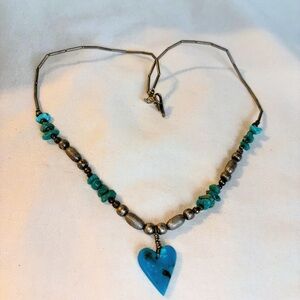 Turquoise chips & chrysocolla heart pendant beaded necklace with liquid silver